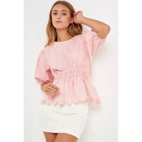 ENGLISH FACTORY Pink White Stripe Puff Sleeve Peplum Scallop Hem Top L‎ - Picture 2 of 13